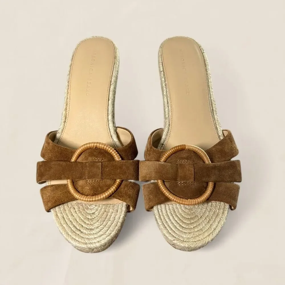 Veronica Beard Ivy Espadrille Wedge Sandal cognac suede raffia buckle size 11
